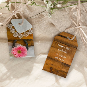 Roze Daisy, Lace en Hoefijzer Wedding Favor Labels Cadeaulabel