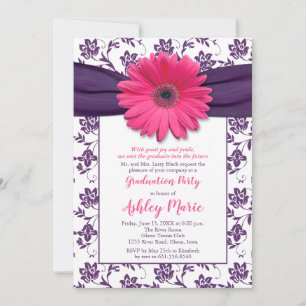 Roze Daisy Paars Damask Afstuderen Invitation Kaart