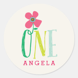 Roze Daisy Pop One Girl's 1e verjaardag Ronde Sticker