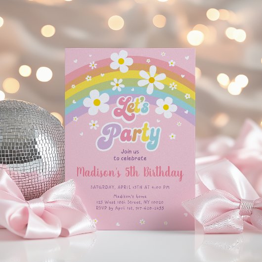 Roze Daisy Rainbow Groovy Verjaardag Kaart