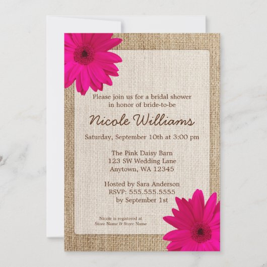 Roze Daisy Rustic Burlap Vrijgezellenfeest Kaart (Voorkant)