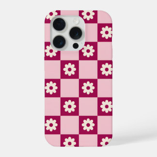 Roze Daisy Schachbrettpatroon iPhone 15 Pro Hoesje