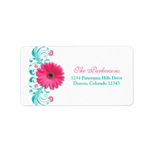 Roze Daisy Turquoise Bloemen Trouwadres Etiket