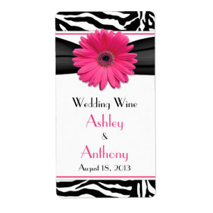 Roze Daisy Zebra Print Bruiloft Wijnfles Etiketten