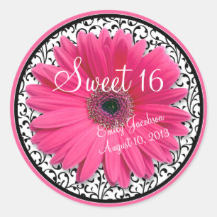 Roze Daisy Zwart Wit Bloemen Zoet 16 Verjaardag Ronde Sticker