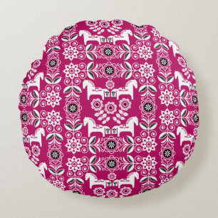 Roze Dala Zweeds Paard Print Rond Kussen
