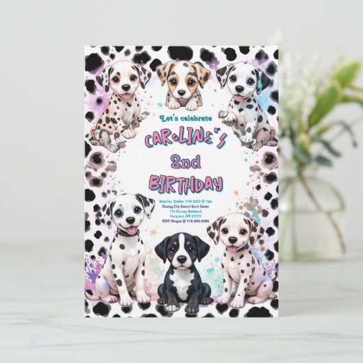 Roze Dalmatische Puppy's Paarse Verjaardag Kaart (Staand voorkant)