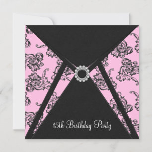 Roze Damask 15e verjaardagsfeest uitnodiging