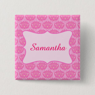 Roze Damask Aangepaste persoonlijke naamkaart Vierkante Button 5,1 Cm
