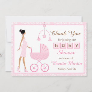 Roze Damask African American Woman Baby shower Bedankkaart