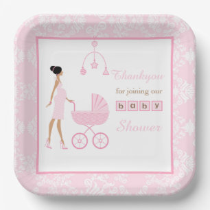 Roze Damask African American Woman Baby shower Papieren Bordje