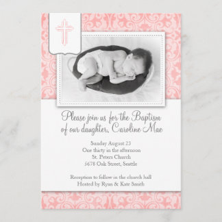Roze Damask Baby Girl Baptisme Invitation Kaart