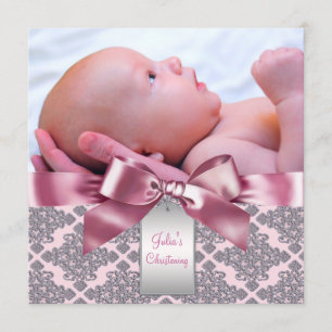 Roze Damask Baby Girl Foto Christening Kaart
