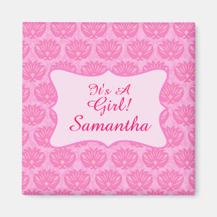 Roze Damask Baby Girl Name Persoonlijke geboorte Magneet