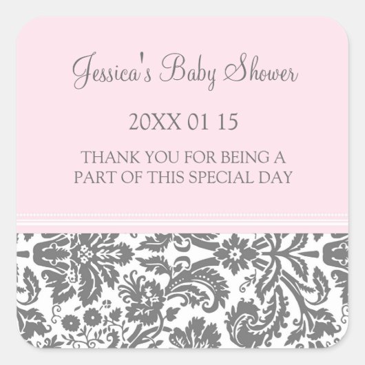 Roze Damask Baby shower Favor Stickers (Voorkant)