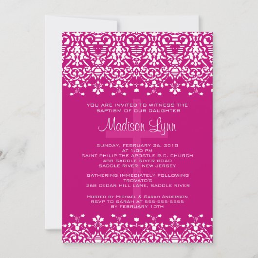 Roze Damask Baptism Invitation Kaart (Voorkant)