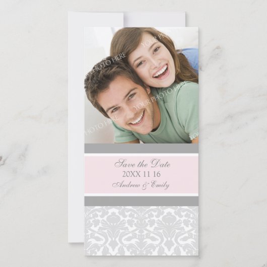 Roze Damask Bewaar de datum bruiloft fotokaarten Save The Date (Voorkant)