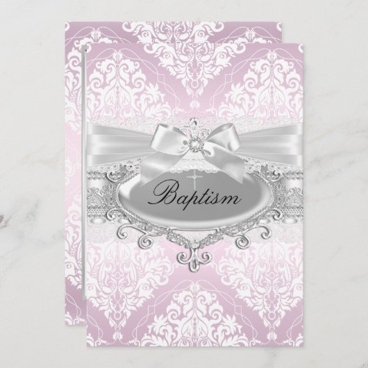  Roze Damask & Bow Baptism Invitation Kaart (Voorkant / Achterkant)