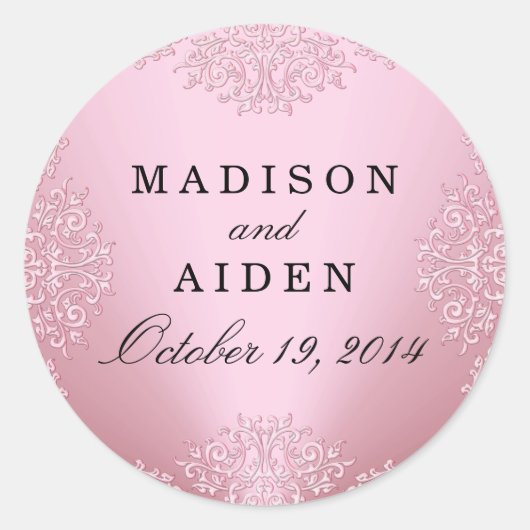 Roze  Damask Bruiloft Sticker (Voorkant)