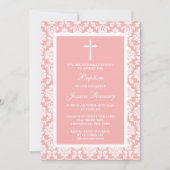 Roze Damask Cross Baptisme of Christening Kaart (Voorkant)