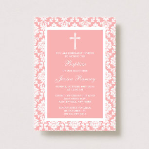 Roze Damask Cross Baptisme of Christening Kaart