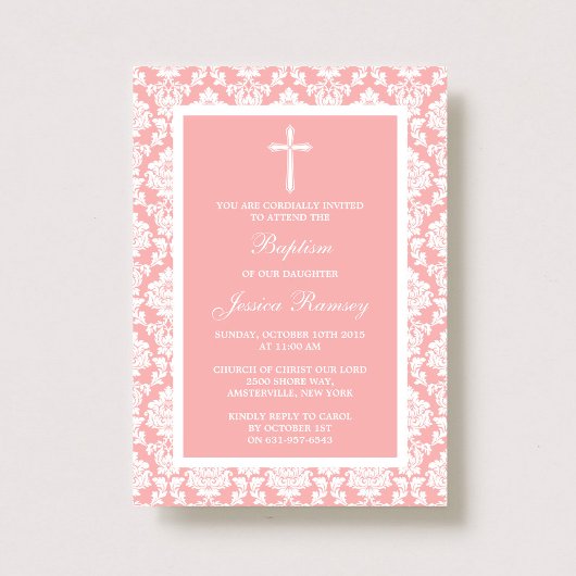 Roze Damask Cross Baptisme of Christening Kaart