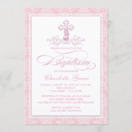 Roze Damask Cross Meisjes Doop Uitnodigingen