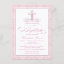 Roze Damask Cross Meisjes Doop Uitnodigingen