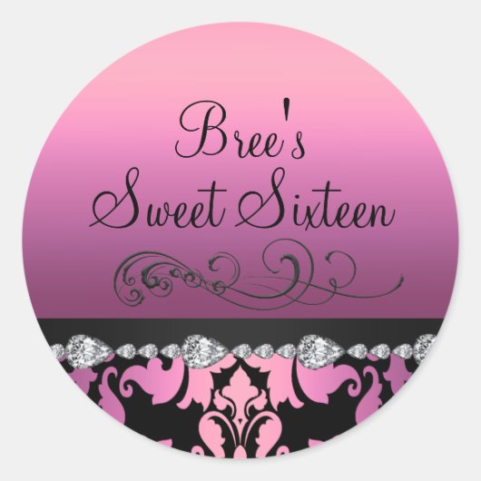 Roze Damask & Diamond Sweet 16 Sticker (Voorkant)