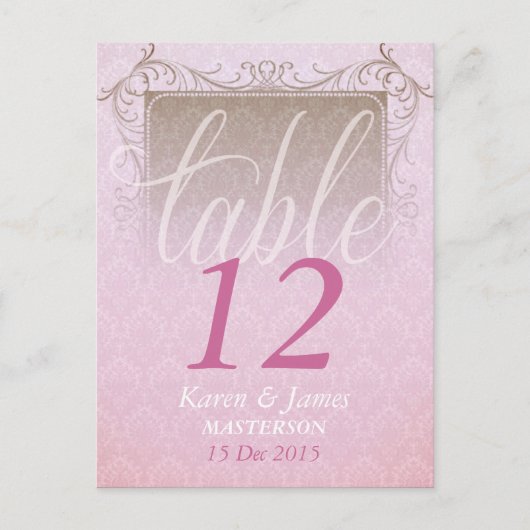  roze Damask Dream Wedding Table Number Briefkaart (Voorkant)