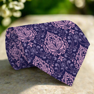 Roze Damask Floral Elegante Paarse achtergrond Stropdas