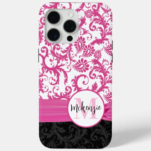 Roze Damask Gepersonaliseerd Gedrukt Fleur de lis Case-Mate iPhone Case (Achterkant)