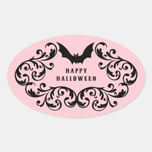 Roze Damask Glam Bats en Spider Happy Halloween Ovale Sticker