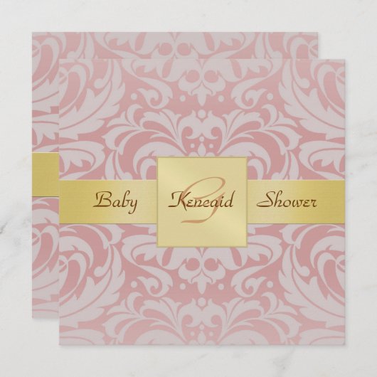 Roze Damask Gold Ribbon Baby shower Invitation Kaart (Voorkant / Achterkant)