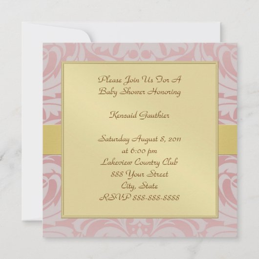 Roze Damask Gold Ribbon Baby shower Invitation Kaart (Achterkant)