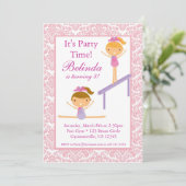 Roze Damask Gymnast Birthday Party Invitation Kaart (Staand voorkant)