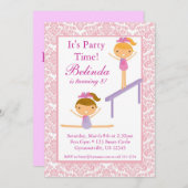 Roze Damask Gymnast Birthday Party Invitation Kaart (Voorkant / Achterkant)