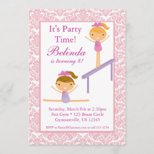 Roze Damask Gymnast Birthday Party Invitation Kaart
