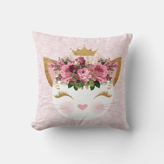 Roze Damask Kat Sierkussen (Voorkant)