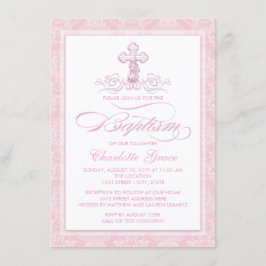 Roze Damask Kruis Meisjes Doop Uitnodigingen