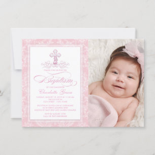 Roze Damask Kruis Meisjes Foto Doop Uitnodigingen