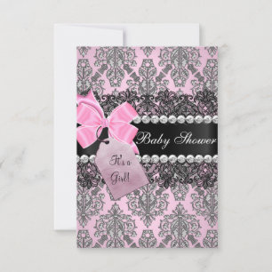 Roze Damask & Lace Girl Baby shower Invitation Kaart