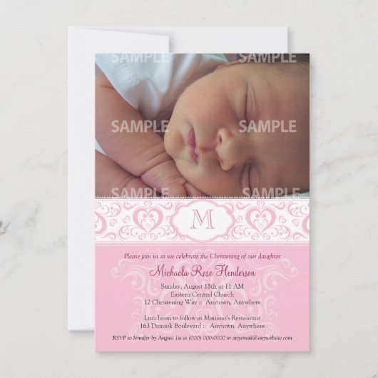 Roze Damask Monogram Baptism/Christening Kaart (Voorkant)
