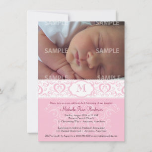 Roze Damask Monogram Baptism/Christening Kaart