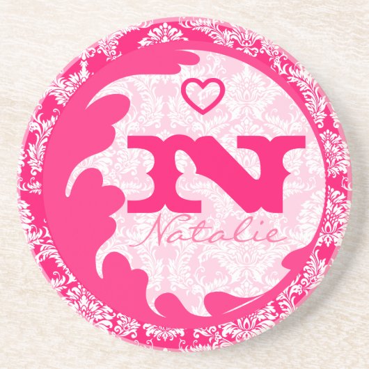 Roze Damask Monogram Gepersonaliseerd Onderzetter (Voorkant)