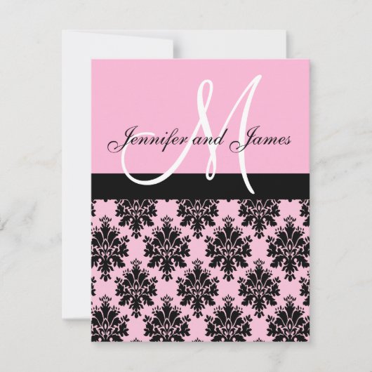 Roze Damask Monogram Wedding Invitations Kaart (Voorkant)