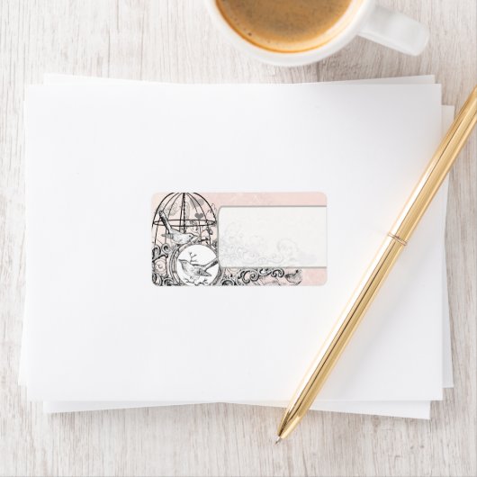 Roze Damask Musical  Bird Cage Address Etiket (Insitu)