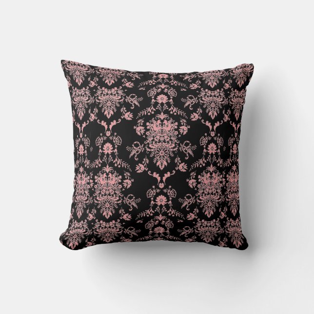 Roze Damask op Black Kussen (Voorkant)