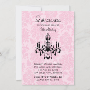 Roze Damask Quinceanera Uitnodiging