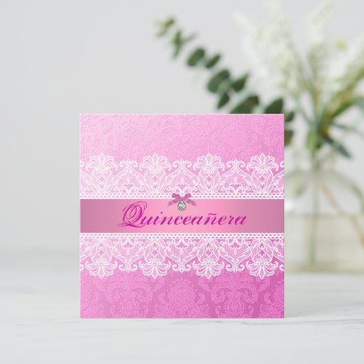 Roze Damask Quinceanera Verjaardagsuitnodiging Kaart (Staand voorkant)